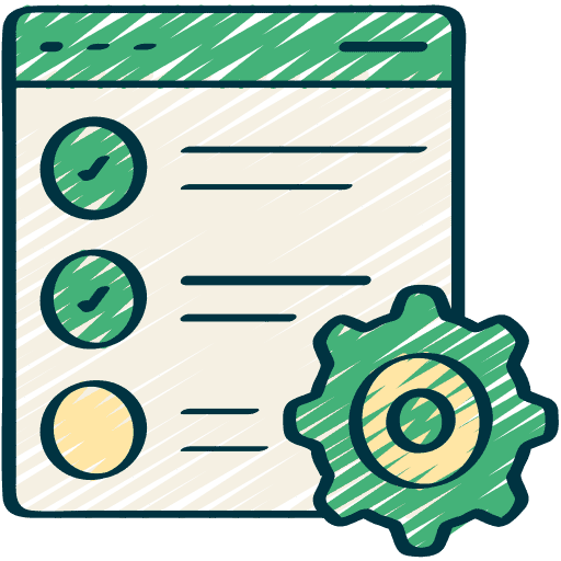 Illustration of web page with checkmarks and gear for SEO and website management.